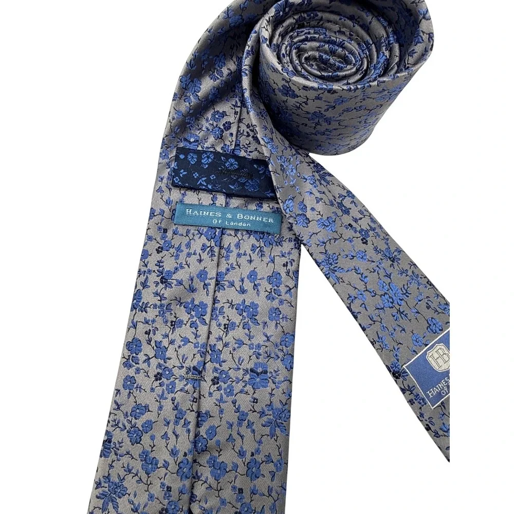 Haines & Bonner Necktie Mens One Size Blue Grey Excellent Floral Silk Blend Tie